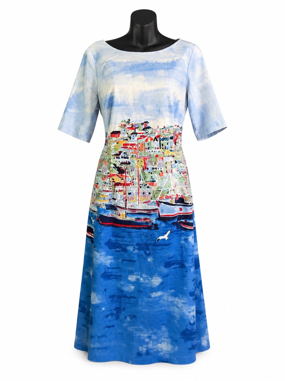 blue Rafaella Weekend Seaside Dress watercolor scene boats size 12